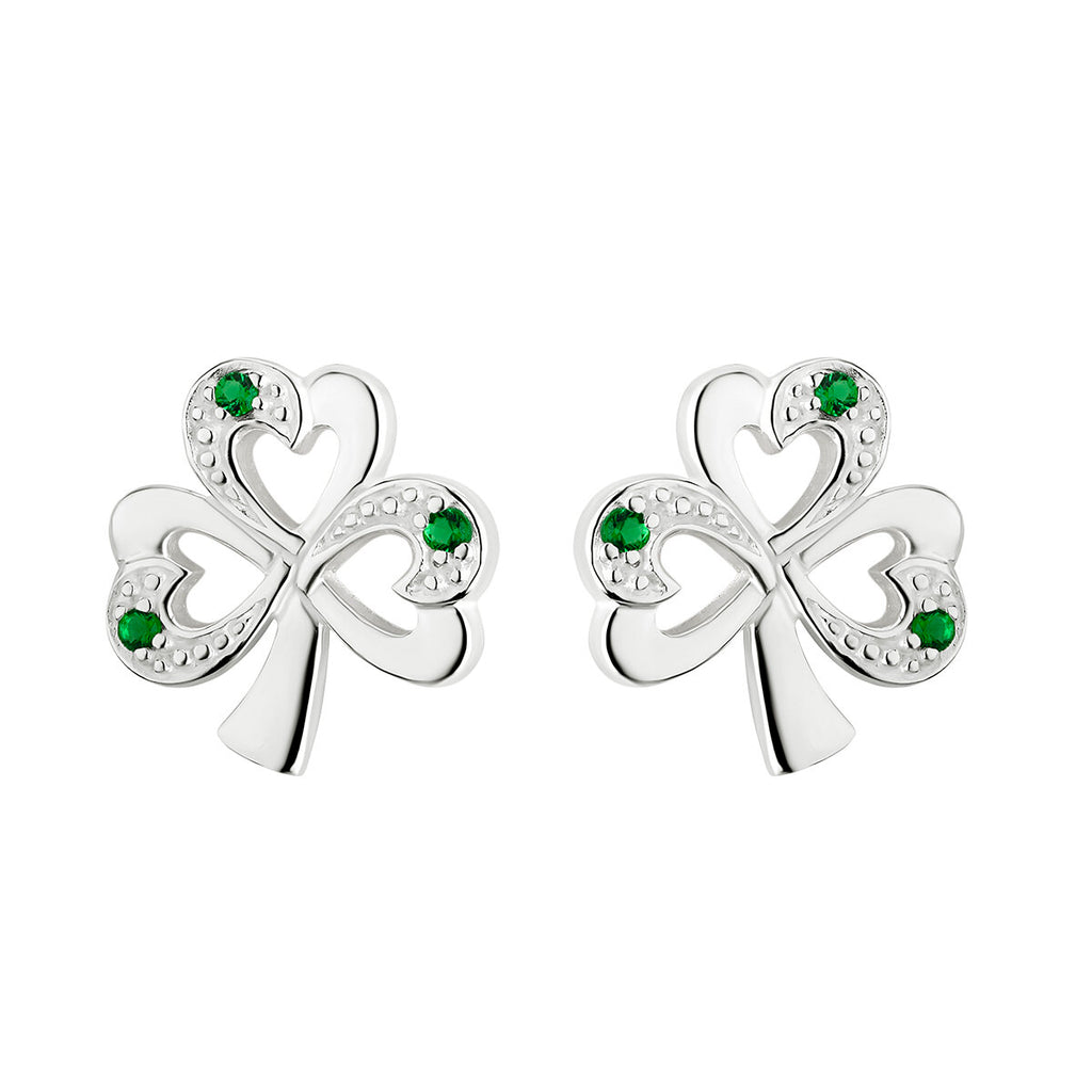Silver Synthetic Emerald Shamrock Stud Earrings
