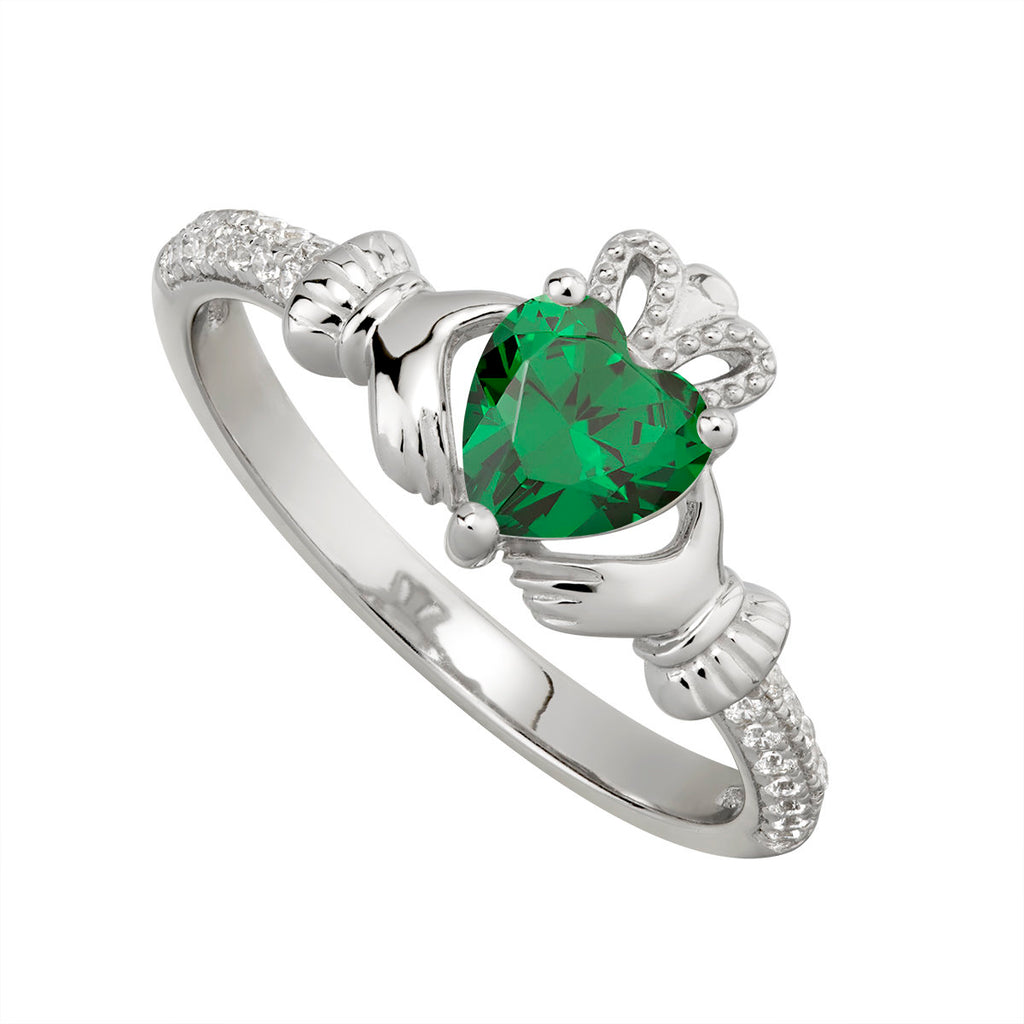 May Birthstone Emerald Silver Claddagh Ring