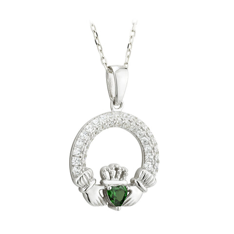 May Birthstone Emerald Silver Claddagh Pendant