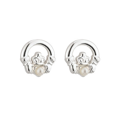 Rhodium Plated Pearl Claddagh Earrings
