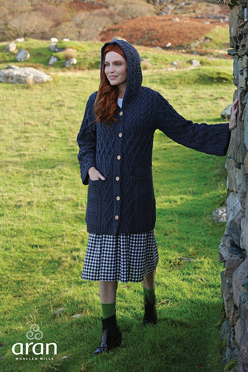 Long Merino Wool Cardigan with a Hood and Buttons