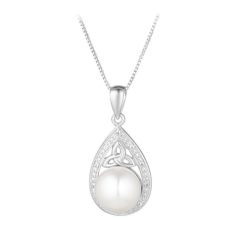 Sterling Silver Crystal And Pearl Trinity Knot Teardrop Necklace