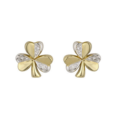 14K Gold Two Tone Diamond Shamrock Stud Earrings