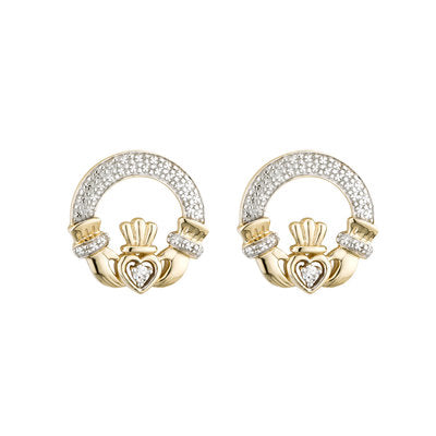 14K Gold Diamond Claddagh Earrings