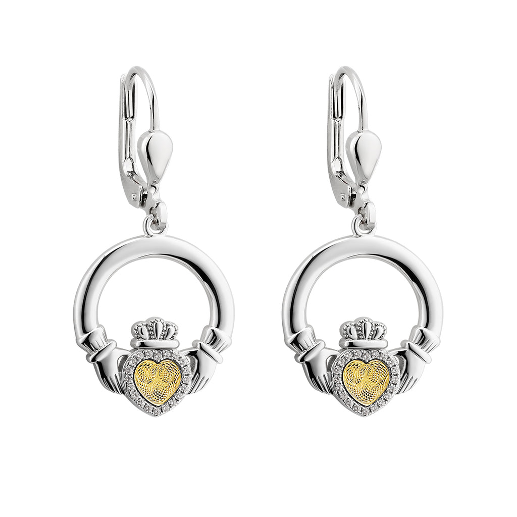 Silver Moving Gold Heart Claddagh Drop Earrings