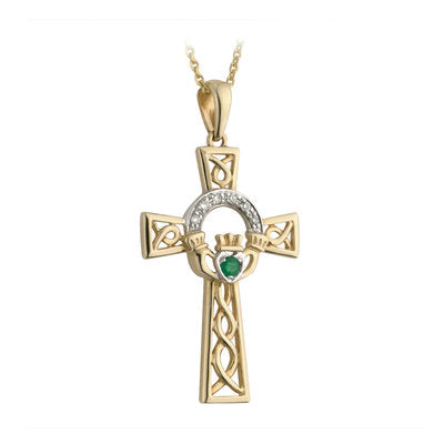 14K Gold Diamond & Emerald Claddagh Cross Pendant