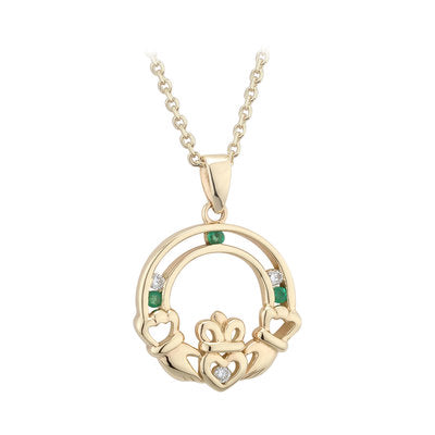 14K Gold Diamond & Emerald Claddagh Pendant & Chain