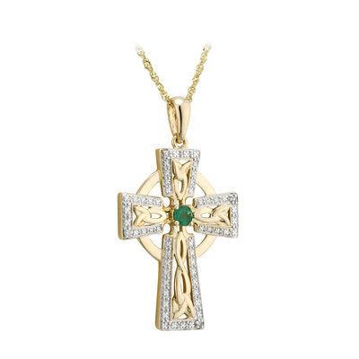 14K Gold Diamond & Emerald Large Cross Pendant