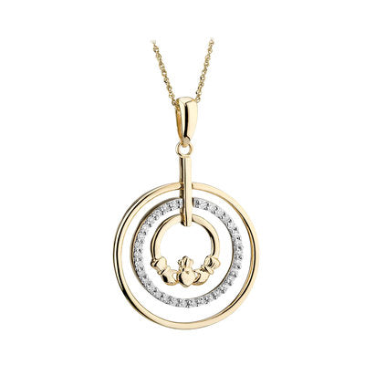 14K Gold And Diamond Pendant Combines Two Key Symbols In Irish Tradition - The Celtic Spiral And The Claddagh