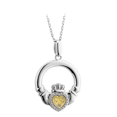 Silver Moving Gold Heart Claddagh Pendant